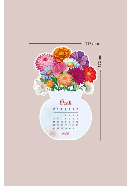 2026 Çiçekli Masa Takvimi Ahşap Standlı, Özel Tasarım