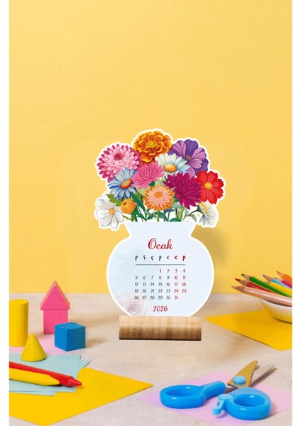 2026 Çiçekli Masa Takvimi Ahşap Standlı, Özel Tasarım fiyatları