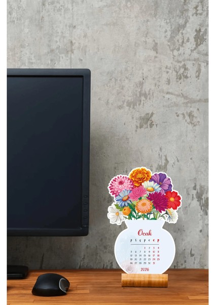 2026 Çiçekli Masa Takvimi Ahşap Standlı, Özel Tasarım modelleri