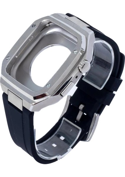 Apple Watch 44MM KR402 Metal Kasa Silikon Kordon - Gümüş