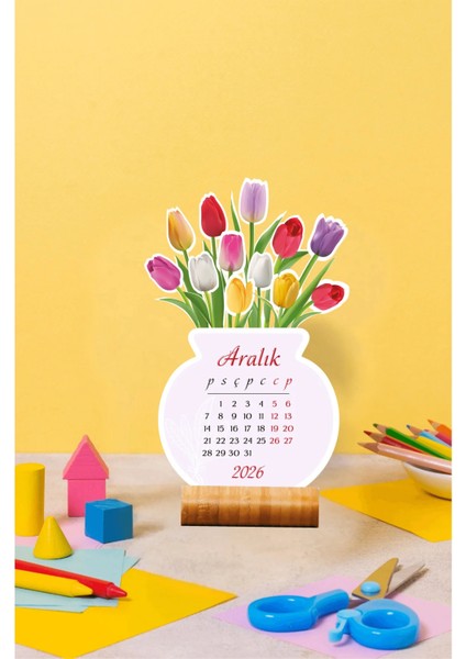 2026 Çiçekli Masa Takvimi Ahşap Standlı, Özel Tasarım