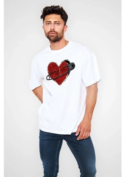 Unisex Bisiklet Yaka Baskılı Oversize T-Shirt - Beyaz