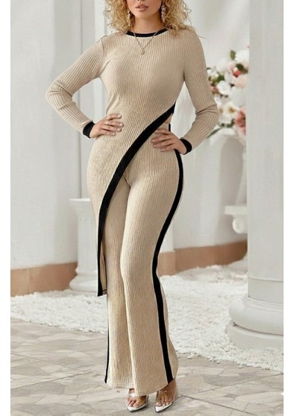 Kadın Uzun Kollu Bisiklet Yaka Asimetrik Kesim Bluz Şardonlu Kaşkorse Bluz ve Pantolon Ikili Tak