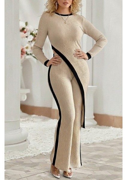 Kadın Uzun Kollu Bisiklet Yaka Asimetrik Kesim Bluz Şardonlu Kaşkorse Bluz ve Pantolon Ikili Tak modelleri