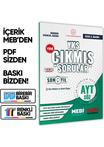 2026 Yks-Ayt Mebi Din Kültürü ve Ahlak Bilgisi Ösym Çıkmış Soru Bankası Sözel Son 8 Yıl Baskı Ücreti