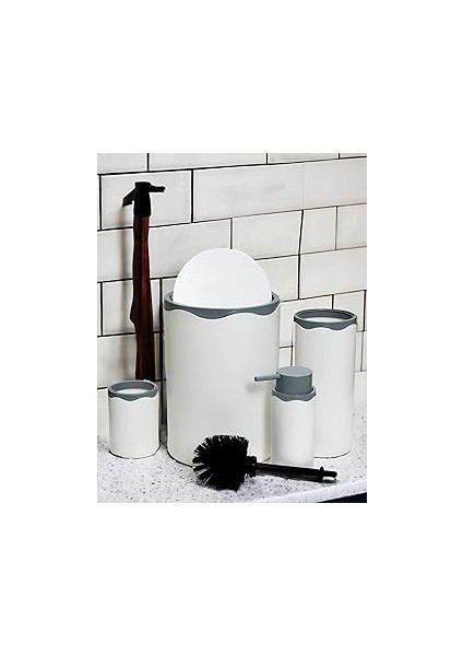 Mta Hi̇gh-Tech Azra Akrilik 5 Parça Banyo Seti, Beyaz-Mat Gümüş, Çöp Kovası/tuvalet Fırçası/t