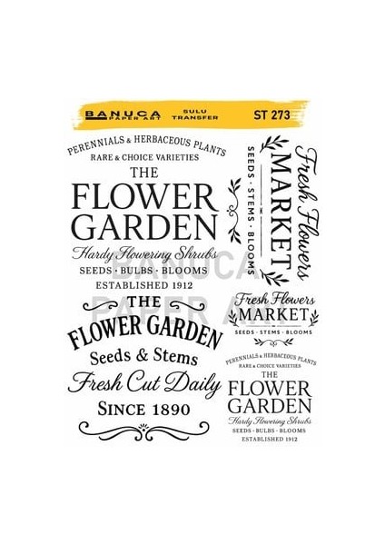 ST273 Çiçek ile Ilgili Kaligrafik Yazı Desenli 25*35 cm Açık Zemin Sulu Transfer