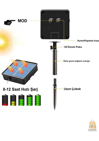 Solar Güneş Enerjili Esnek Flexible Şerit Hortum Bahçe Aydınlatma-10 Metre Sarı Günışığı Aydınlatma