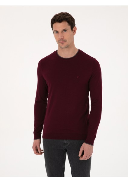 Erkek Bordo Slim Fit Pamuk Karışımlı Bisiklet Yaka Triko Kazak 50318676-VR014
