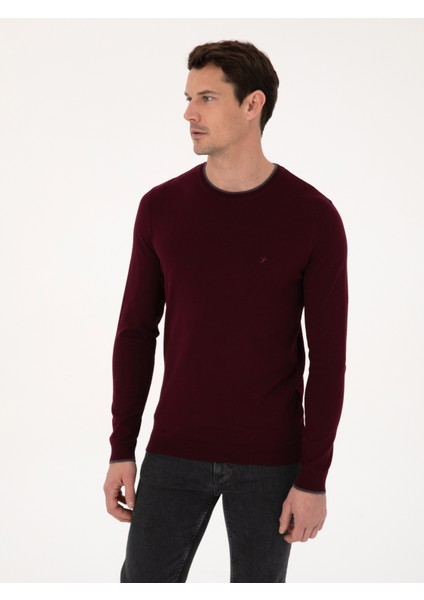 Erkek Bordo Slim Fit Pamuk Karışımlı Bisiklet Yaka Triko Kazak 50318676-VR014