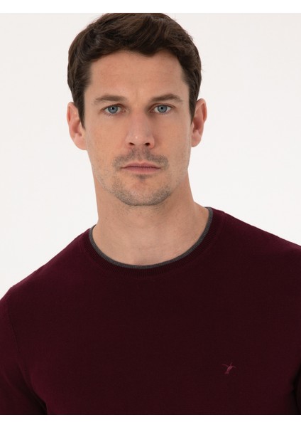 Erkek Bordo Slim Fit Pamuk Karışımlı Bisiklet Yaka Triko Kazak 50318676-VR014
