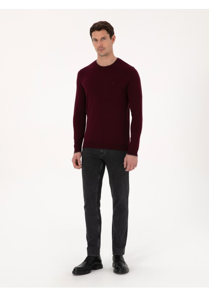 Erkek Bordo Slim Fit Pamuk Karışımlı Bisiklet Yaka Triko Kazak 50318676-VR014