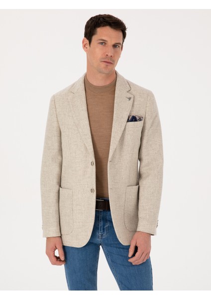 Erkek Bej Slim Fit Yün Kaşmir Karışımlı Mikro Desenli Ceket 50310754-VR011