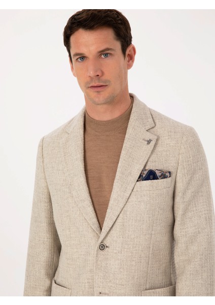 Erkek Bej Slim Fit Yün Kaşmir Karışımlı Mikro Desenli Ceket 50310754-VR011