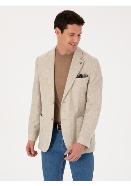Erkek Bej Slim Fit Yün Kaşmir Karışımlı Mikro Desenli Ceket 50310754-VR011
