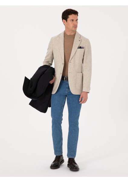 Erkek Bej Slim Fit Yün Kaşmir Karışımlı Mikro Desenli Ceket 50310754-VR011