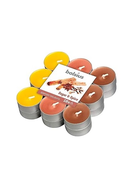 Bolsius Kokulu Tealight Mum, Şeker ve Baharat Kokulu, Karışık Renkli, 18'li Paket, 4 Saatlik Yanma