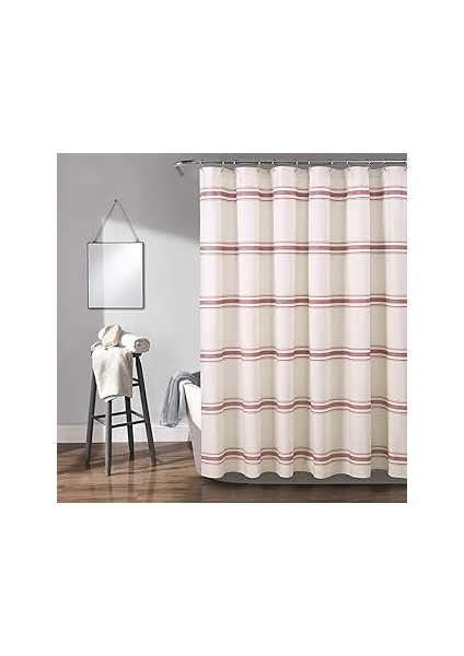 Lush Farmhouse Duş Perdesi, Pamuk, Çizgili, 183 x 183 Cm, Kırmızı