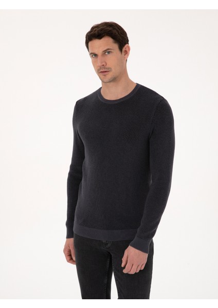 Erkek Antrasit Slim Fit Pamuk Karışımlı Bisiklet Yaka Triko Kazak 50318983-VR006