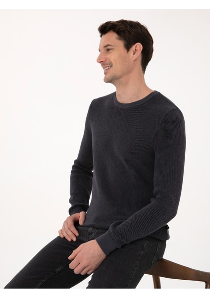 Erkek Antrasit Slim Fit Pamuk Karışımlı Bisiklet Yaka Triko Kazak 50318983-VR006