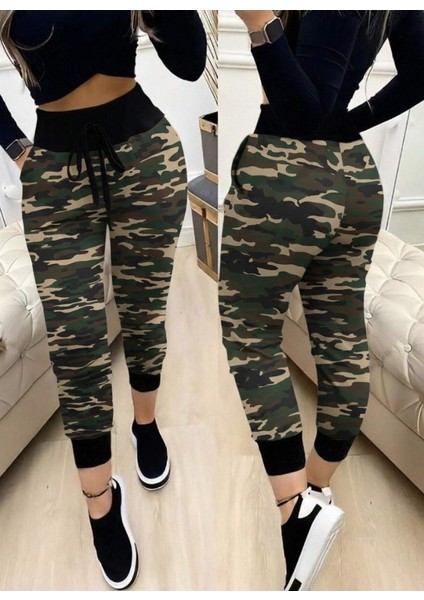 Kadın Yüksek Bel Bağcıklı Desenli Iki Iplik Pantolon