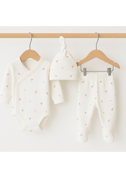 Desenli Kruvaze Uzun Kollu 3lü Bebek Zıbın Takımı