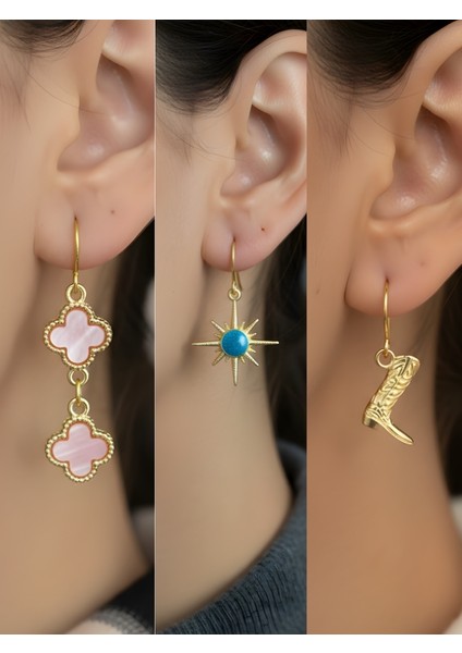 Kovboy Çizmesi Mavi Kutup Yıldızı Pembe Yonca Sembol Figürlü 3’lü Kadın Küpe Set