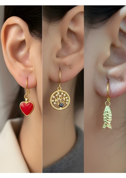 Balık Hayat Ağacı Kırmızı Kalp Sembol Figürlü 3’lü Kadın Küpe Set