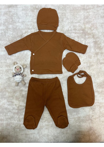 Kahverengi Ribana Kumaş 5’li Yenidoğan Bebek Seti -Hastane Çıkışı