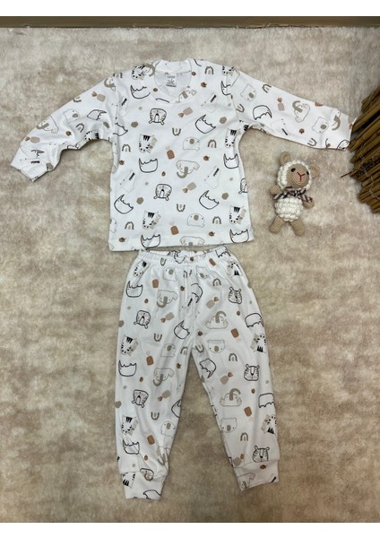 Krem Renkli Minimal Desenli 2’li Bebek Takımı – %100 Pamuk, Uzun Kollu Üst & Pantolon