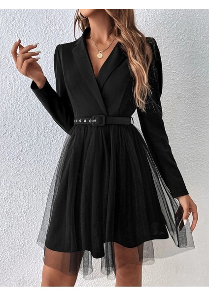 Kadın Uzun Kollu Yakalı Belinde Kemer Detaylı Mini Tüllü Ithal Krep Elbise