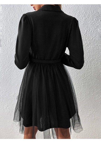 Kadın Uzun Kollu Yakalı Belinde Kemer Detaylı Mini Tüllü Ithal Krep Elbise modelleri