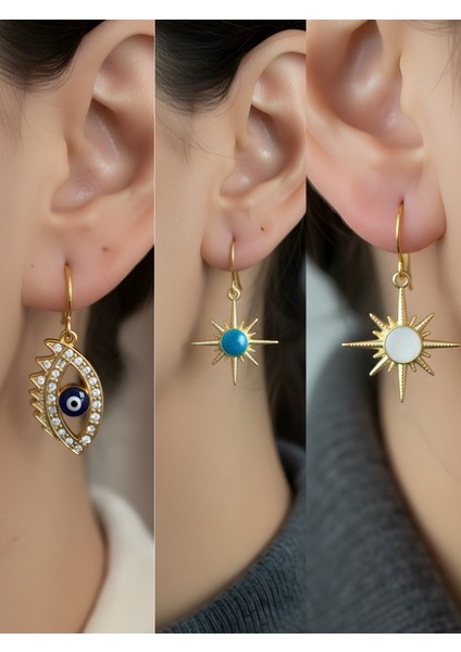 Beyaz Kutup Yıldızı Mavi Kutup Yıldızı Nazar Göz Sembol Figürlü 3’lü Kadın Küpe Set