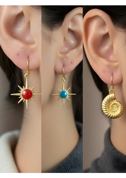 Deniz Kabuğu Mavi Kutup Yıldızı Kırmızı Kutup Yıldızı Sembol Figürlü 3’lü Kadın Küpe Set