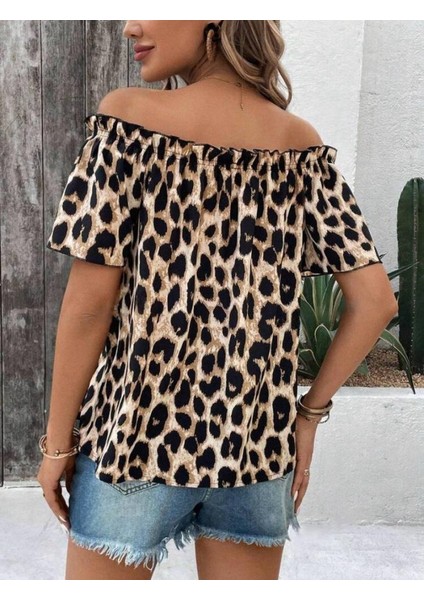 Kadın Madonna Yaka Fırfırlı Leopar Desenli Mikro Kumaş Bluz fiyatları