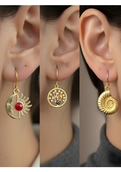 Deniz Kabuğu Hayat Ağacı Ay Güneş Sembol Figürlü 3’lü Kadın Küpe Set