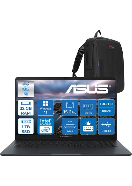 Expertbook B1 B1503CVA-C78G512B4D Intel Core 7 150U 32GB Ddr5 1tb SSD 15.6"fhd 300NITS (1920 x 1080) WIN11PRO Taşınabilir Bilgisayar C78G512B4DP13+ZETTAÇANTA