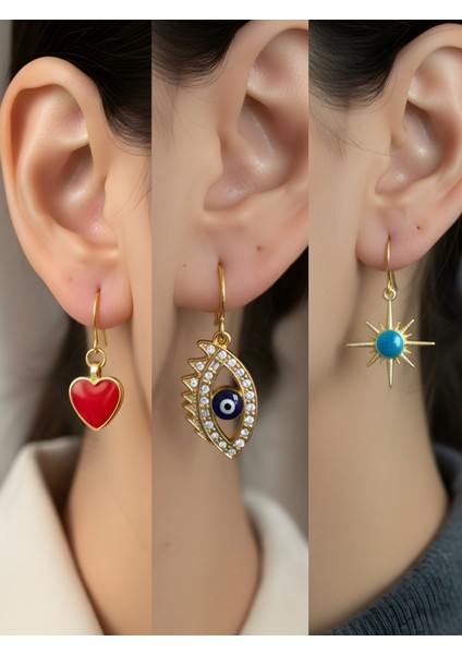 Mavi Kutup Yıldızı Nazar Göz Kırmızı Kalp Sembol Figürlü 3’lü Kadın Küpe Set