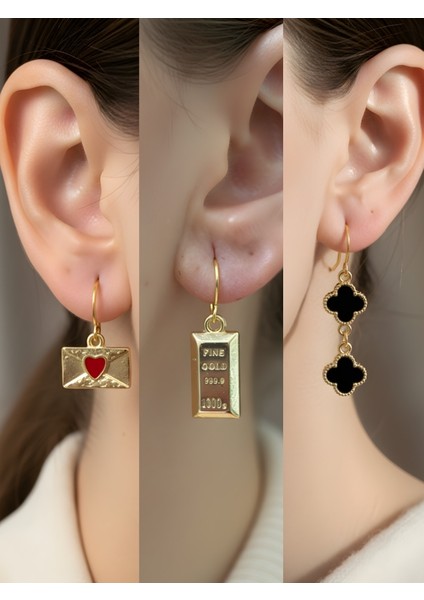 Siyah Yonca Külçe Altın Kalp Zarf Sembol Figürlü 3’lü Kadın Küpe Set