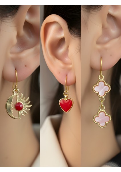 Pembe Yonca Kırmızı Kalp Ay Güneş Sembol Figürlü 3’lü Kadın Küpe Set