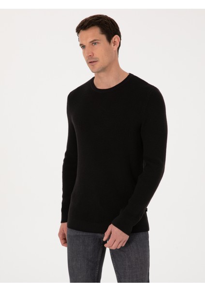 Erkek Siyah Slim Fit Pamuk Karışımlı Bisiklet Yaka Triko Kazak 50318983-VR046