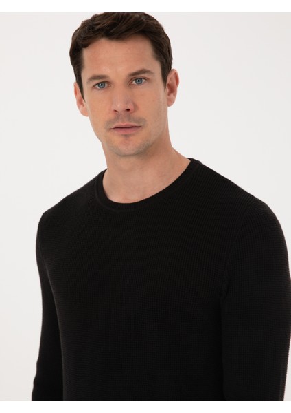 Erkek Siyah Slim Fit Pamuk Karışımlı Bisiklet Yaka Triko Kazak 50318983-VR046
