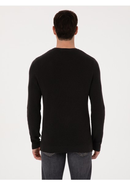 Erkek Siyah Slim Fit Pamuk Karışımlı Bisiklet Yaka Triko Kazak 50318983-VR046