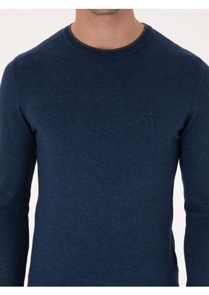 Erkek İndigo Slim Fit Pamuk Karışımlı Bisiklet Yaka Triko Kazak 50318676-VR028