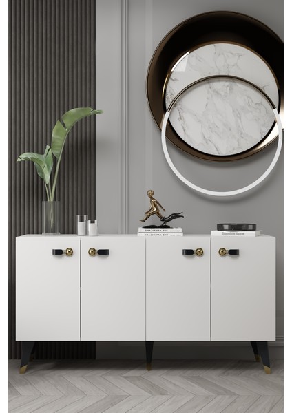 8222-64CT KB150 Konsol,tv Ünitesi Beyaz-Altın-Siyah