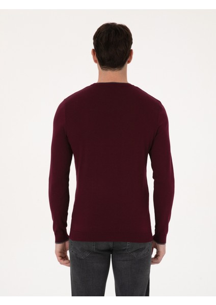 Erkek Bordo Slim Fit Pamuk Karışımlı Bisiklet Yaka Triko Kazak 50318676-VR014