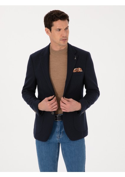Erkek Lacivert Slim Fit Yün Karışımlı Spor Ceket 50270156-VR033