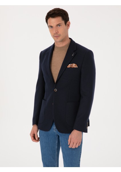 Erkek Lacivert Slim Fit Yün Karışımlı Spor Ceket 50270156-VR033
