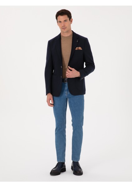 Erkek Lacivert Slim Fit Yün Karışımlı Spor Ceket 50270156-VR033