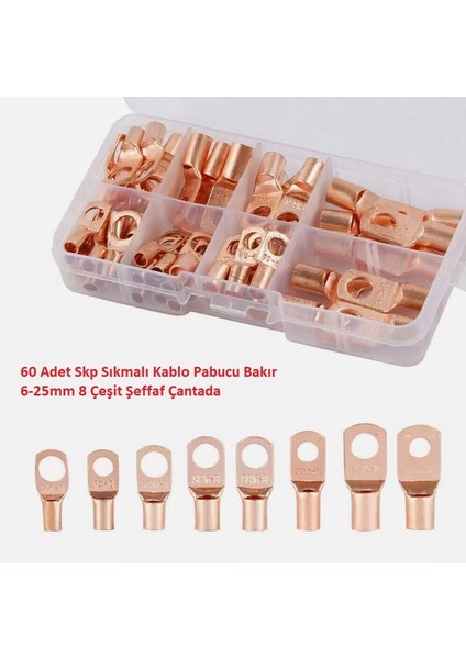 60 Adet Skp Sıkmalı Kablo Pabucu Bakır 6-25MM 8 Çeşit Şeffaf Çantada